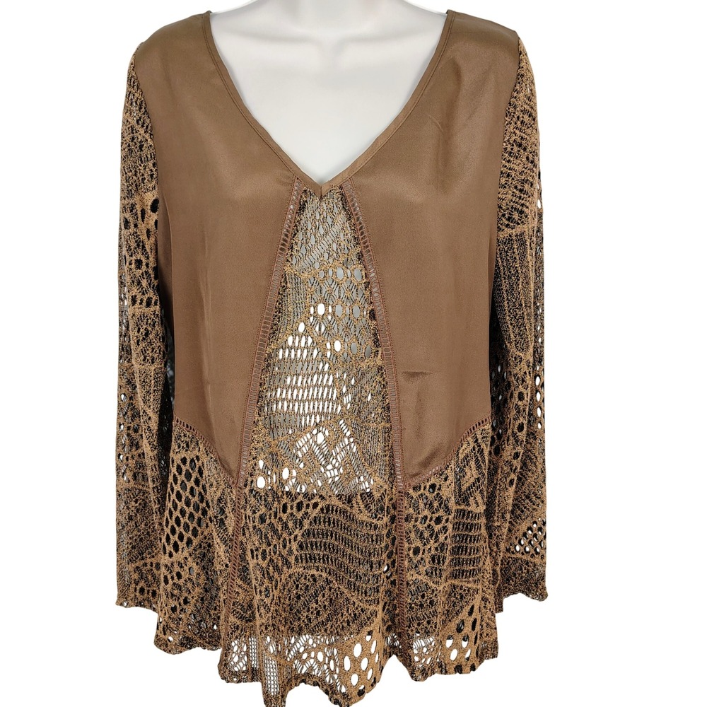 BKE Boutique Brown Mixed Media Crochet Lace Top S boho festival romantic peasant